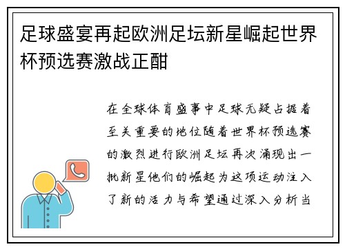 足球盛宴再起欧洲足坛新星崛起世界杯预选赛激战正酣