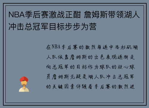 NBA季后赛激战正酣 詹姆斯带领湖人冲击总冠军目标步步为营
