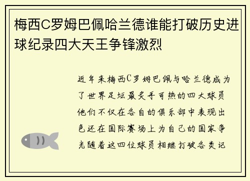 梅西C罗姆巴佩哈兰德谁能打破历史进球纪录四大天王争锋激烈